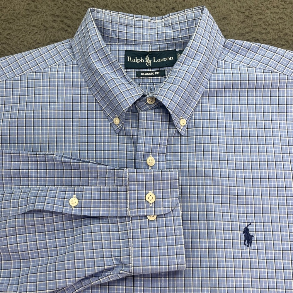 Ralph Lauren Classic Fit Plaid Button Down Shirt Mens Blue White Size 17